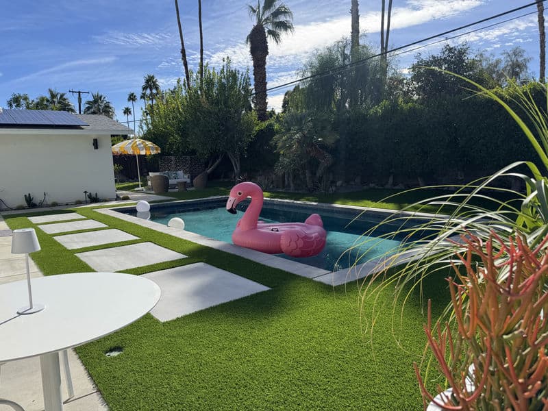 Pink flamingo float in a sunny backyard pool surrounded by palm trees and greenery.