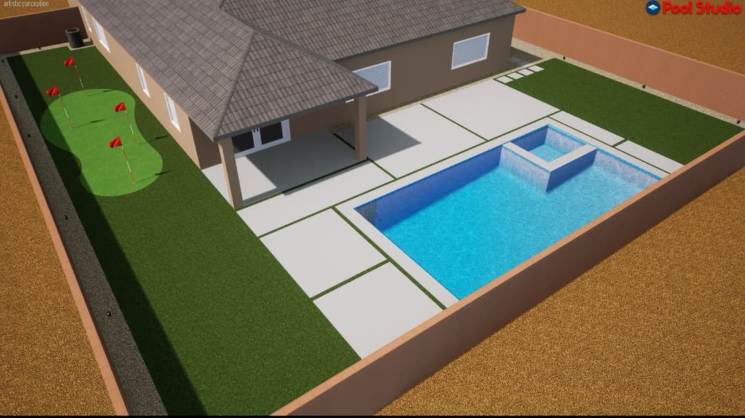 Aerial view of a modern backyard with a pool, putting green, and landscaped patio area.
